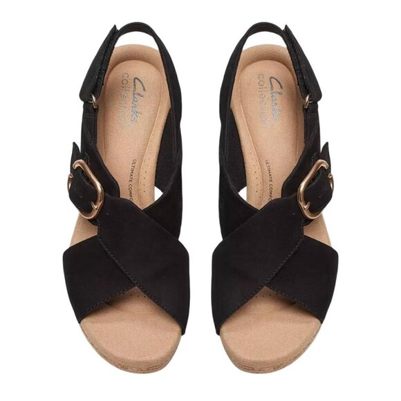 NWT Clarks Collection Womens Giselle Dove Wedge Sandal 26177142 Black Nubuck 11M - Picture 3 of 11